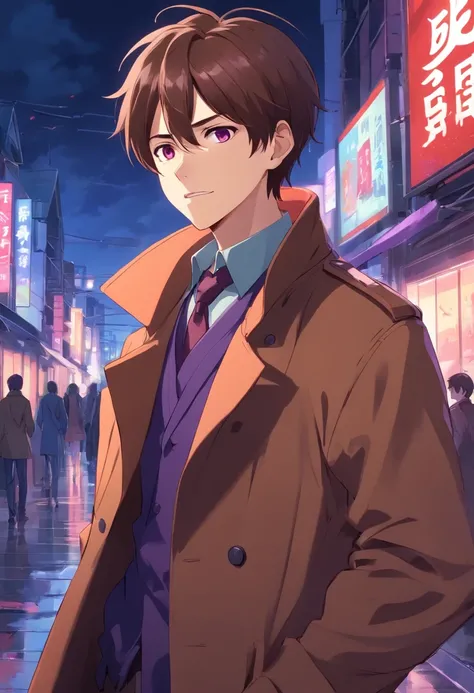 a anime guy with short brown hair, wearing a brown overcoat, vampire teeths with blood, blood on his face, shining purple eyes