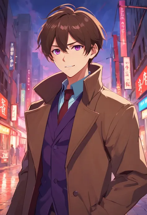 a anime guy with short brown hair, wearing a brown overcoat, vampire teeths with blood, blood on his face, shining purple eyes