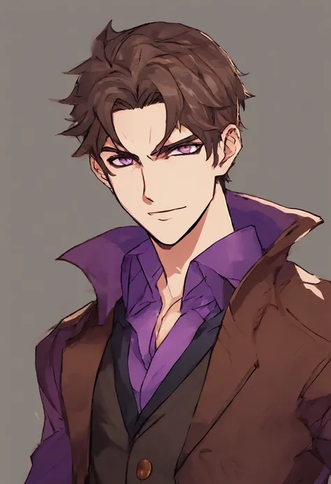 a anime guy with short brown hair, wearing a brown overcoat, vampire teeths with blood, blood on his face, shining purple eyes