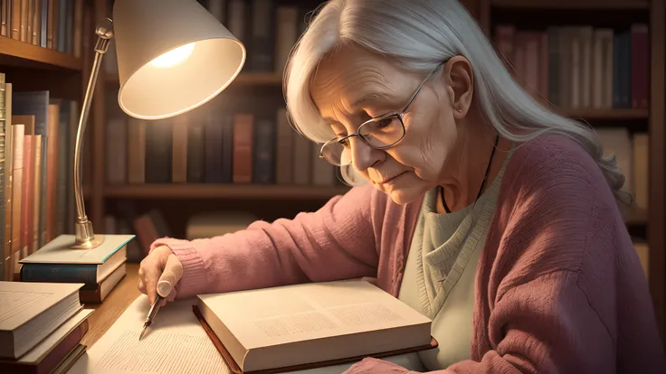 old woman, studying, books, library, sleeping, night, lamp light, HDR,8k,Hyper Realistic,Beautiful Soft Light Studio,Vibrant Details,Anatomical,Sleek,Sharp Focus,Studio Shot,Trending ArtStation,Hyper Detailed,Polarized Filter, --auto --s2