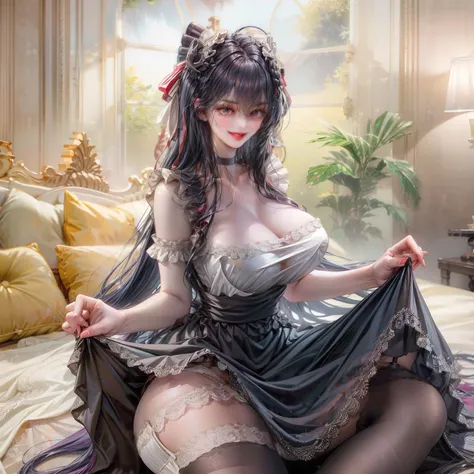 Painted smoky makeup, eye shadow, maid girl, Silky hair, Wearing hair accessories or earrings, Sweet smile. She wore a maid skirt, White stockings on her legs, and lace gloves. She squatted down and spread her legs. Scenes are random.