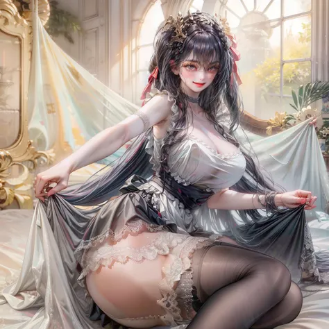 Painted smoky makeup, eye shadow, maid girl, Silky hair, Wearing hair accessories or earrings, Sweet smile. She wore a maid skirt, White stockings on her legs, and lace gloves. She squatted down and spread her legs. Scenes are random.