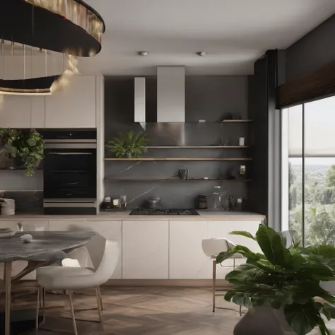 There is a kitchen with a black central island and a marbled dining table, fotografia de design de interiores, fotografia de interiores, real estate photography, Directed by: Emerson Silva, Directed by: Felipe Seade, tomada em 2 0 2 0, with dramatic lighti...