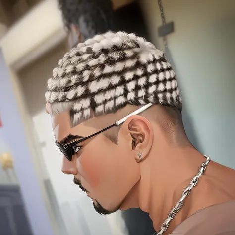 a closeup of a man with a mohawk with a chain around his neck, cabelos agitados, Cabelo quadriculado com pontas, Cabelo loiro com pontas de gel, Cabelo zumbido no templo, designs de cabelo exclusivos, white black fade braided hair, sharp highlights, com es...