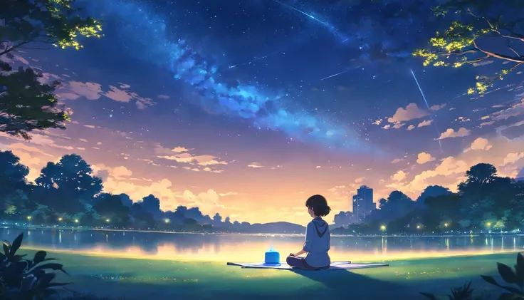 A girl was meditating in a park at night with clouds and a starry sky, away from the noise of the city.