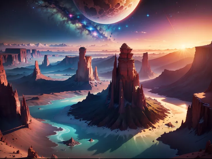 (best quality,highres,masterpiece:1.2),vivid colors,ultra-detailed,alien landscape,planets of different colors in the sky,small stars,sunset on the horizon,otherworldly scenery,fantastic colors.