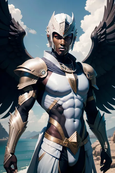 alien race Image of a man with wings, black skin, der auf einem Felsen steht, Vogelkrieger, Erzengel, Armor angle with wing, Warrior with technology  armor, angel in plastic armor, Erzengel Michael, Winged Archer, Kriegsherr des Schwarzen Aarakocra-Adlers,...