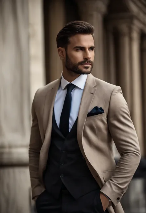 Make a handsome man in his 30s wearing a black suit and tie, CEO, cabelo e barba castanho, (Homem usando terno preto com gravata), ), (usando barba,) Attractive and serious look, cabelo curto escuro, estiloso e elegante, corpo sarado e forte ajustado no te...