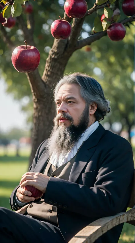 Karl Marx sitting under a tree, an apple is falling towards his head, 8K, Cinematic angle, Hyperrealistic, Photograph