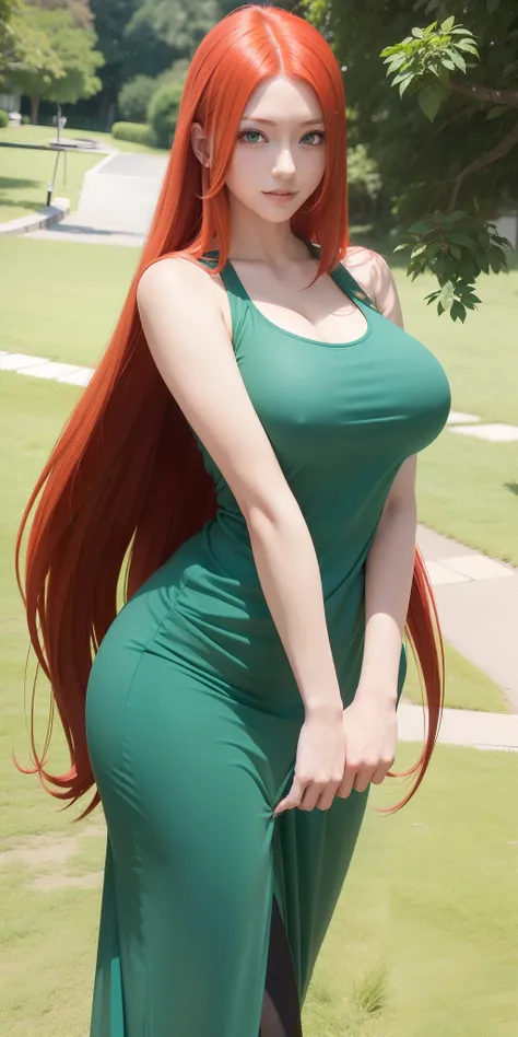 1girl, uzumaki kushina in anime naruto, long hair, red hair, blue eyes, smile, beautiful, sexy dress, sexy clothes, green clothes, very big breast, realistic clothes, detail clothes, outdoor background, ultra detail, realistic