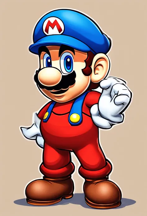 (Mario), character design, Nintendo Super Mario, (blue eyes, red hat, red suit, blue suspenders, white gloves, )with sonic the hedgehog