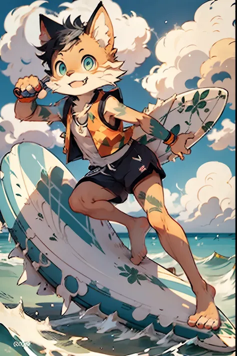 A cartoon cat with a sweet smile is surfing，Stand on a surfboard at the top of the waves，Wear a surf vest and beach shorts，Stylized furry, Hawaiian beach background，by Ghibli Studio,