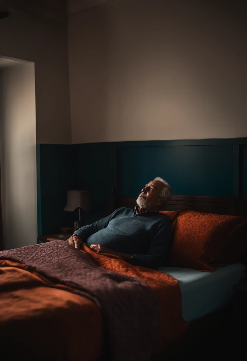 Homem de aproximadamente 60 anos, em um quarto escuro, sentado na cama olhando para uma mala vazia a sua frente, imagem realista