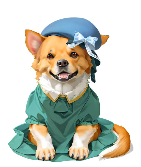 cute dog wearing a dress and a blue hat, arte digital