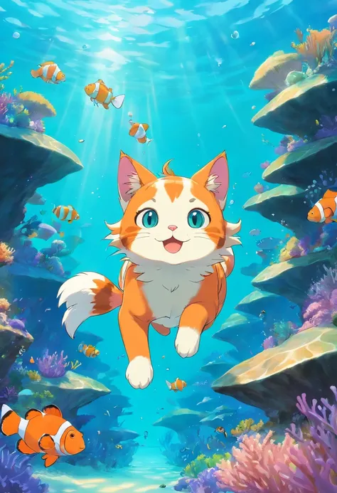 A cartoon cat with a sweet smile is diving，Dive under the turquoise seabed，Schools of clownfish swam around，Wear bikinis and fins，Stylized furry, by Ghibli Studio,