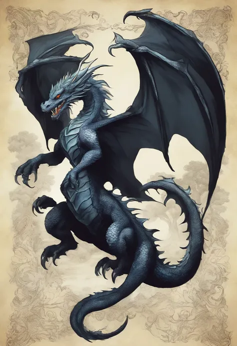 Draw a black dragon with heterochromatic eyes, sendo um olho azul e o outro amarelo. Dont forget the large, elegant wings with white membranes and sharp white claws, com a ponta da cauda pontuda e branca. Make sure the dragon scales are detailed and distin...