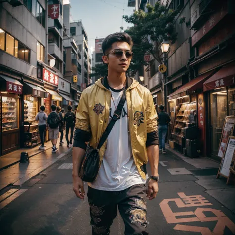 (urban photography:1.2), (candid pedestrian photograph:1.1), (tom holland:0.6), (dynamic pose:1.1), (wearing modern Japanese urban fashion:1.1), sunglasses, (his clothes adorned with intricate oriental designs:1.1), (confident expression), (Canon EOS R6 ca...