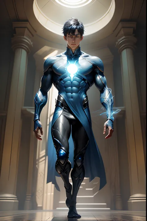 Create a caesium-themed male superhero who has blue clothes and blue light emanating from his eyes, hands and feet --auto