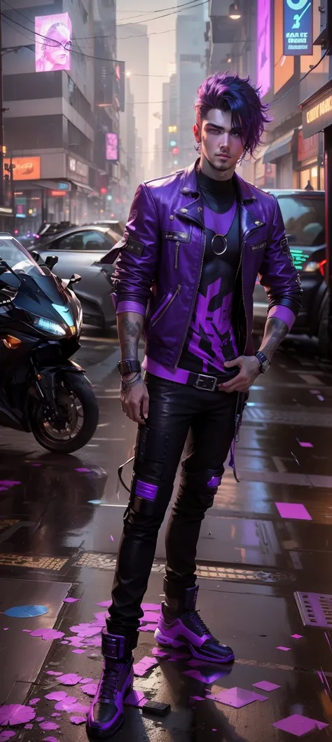 Change background cyberpunk handsome boy ultra realistic with cat, face, 8k, ultra realistic, hair color purple with my face proper