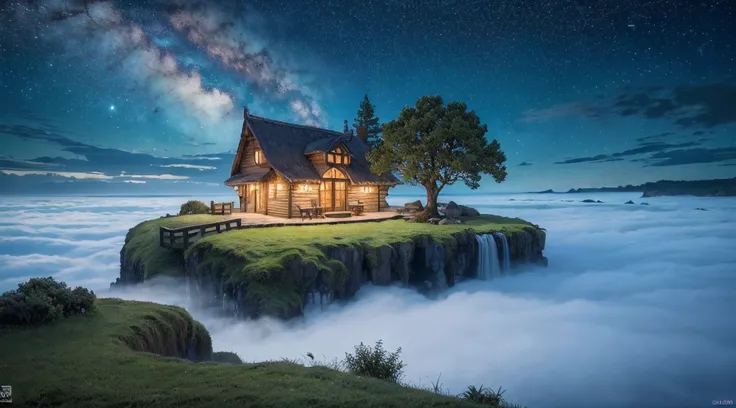 the island flying in the clouds, (best quality, 4k, 8k, highest, masterpiece:1.2), ultra-detailed, (realistic, photorealistic, photo-realistic:1.37), dramatic lighting, dreamy color tones, vivid colors, fluffy white clouds, shimmering stars, enchanting atm...