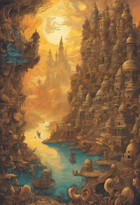 Fantasy comic book style，A hot underground golden city，The abyss is 20 km in diameter，The abyss is 12,000 meters underground，Have beauty that is not part of this world, Extraordinary artifacts, And cursed, But there is no sun in the sky