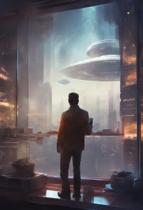 brewing coffee, Man looking out of the glass of a room a CITY in 2045 FOG, zoom out, Space ship, new world, color grading,