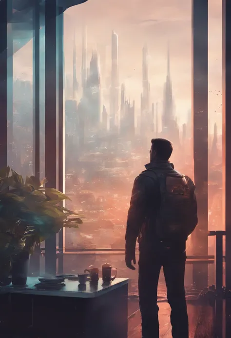 brewing coffee, Man looking out of the glass of a room a CITY in 2045 FOG, zoom out, Space ship, new world, color grading,