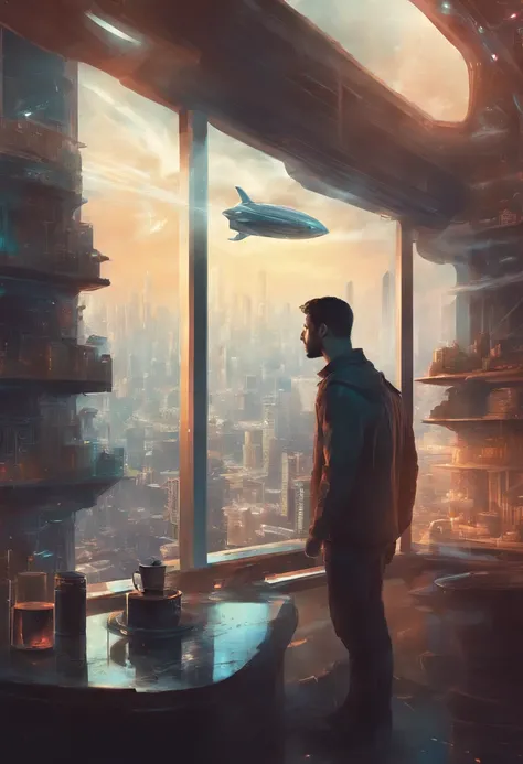 brewing coffee, Man looking out of the glass of a room a CITY in 2045 FOG, zoom out, Space ship, new world, color grading,