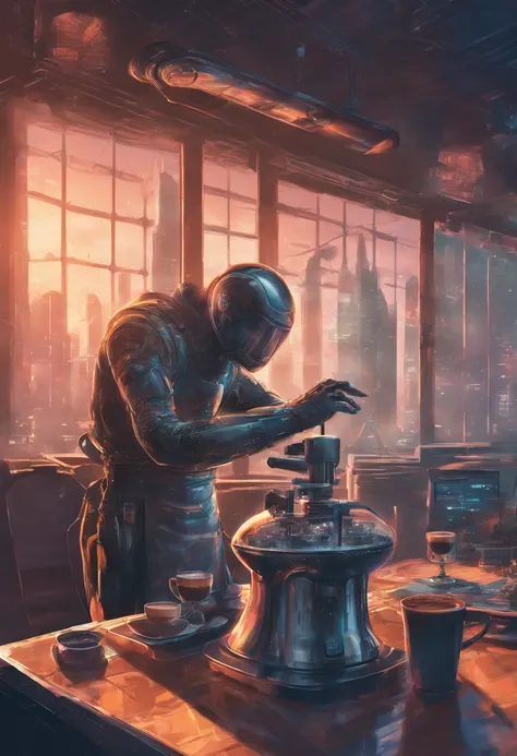 Espresso machine on the table, brewing coffee, Man looking out of the glass of a room a CITY in 2045 FOG, zoom out, Space ship, new world, color grading,