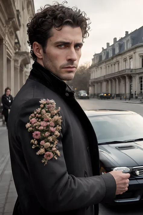 corps entier, Photo photo Wide angle close-up portrait of the body of a handsome man , Grand et en forme, (40 ans:1.1), (shaven:1.2) , (curly short brown hair:1.2). Dark brown tight velvet suit, (La veste a des motifs de fleurs noires:1.2). (posing outside...