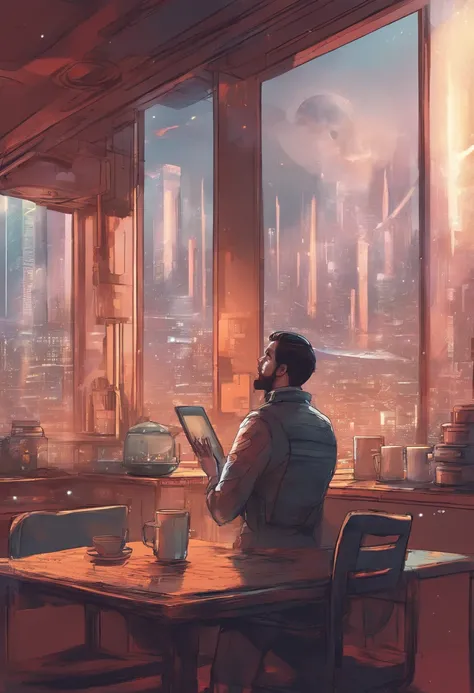 brewing coffee, Man looking out of the glass of a room a CITY in 2045 FOG, zoom out, Space ship, new world, color grading, Espresso machine on the table,