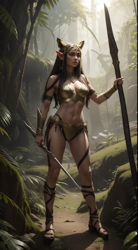 elf, tiger ears, elf body, amazon, javelin ancient jungle, masterpiece, 8k full body, realistic, ultra high quality