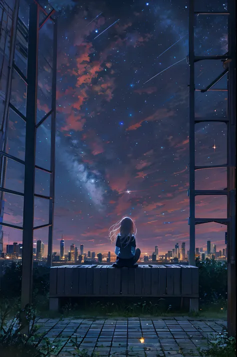 octans, sky, star (sky), scenery, starry sky, night, 1girl, night sky, solo, outdoors, building, cloud, milky way, sitting, tree...