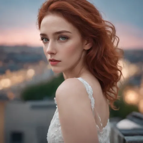 ((Masterpiece), best quality, HDR,UHD,8K), life-like realistic portrait of a beautiful sad girl with green eyes , curly red hair, white skin, feeling sadly with tears in her eyes, a black bracelet on her hand ,full body, standing on roof of a high apartmen...