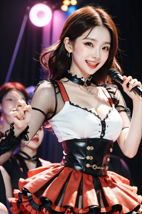 Red lighting、Red costume、Realistic depiction of "Eri Kamei" from a "Morning Musume。" In the costume of her idol, Set in the grandeur of the concert stage. Her red, A ruffled outfit should be a highlight, Perfectly complements her cute idol persona. The atm...