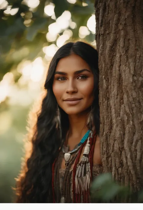 (grainy:0.5), cinematic, girl,native american,fantasy,(solo:1.3), detailed eyes, detailed face, detailed  native american clothing , volumetric lighting, dusk, extremely detailed background, standing next to tree, smiling, half closed eyes, tilted head, fr...