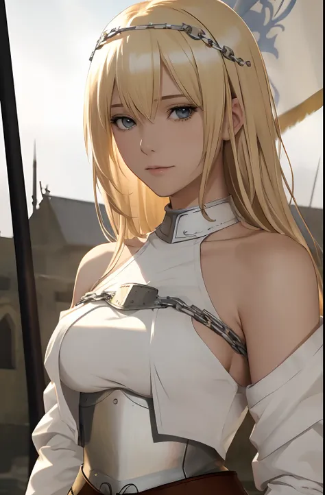 best quality, masterpiece,highly detailed,anime,1girl, adult face, mature face, mature female, mature woman, mature beauty, adult blonde, mature blonde,upper body,(jeanne darc),medium breasts,perfect face,blond hair,long hair,(white clothes),(bare shoulder...