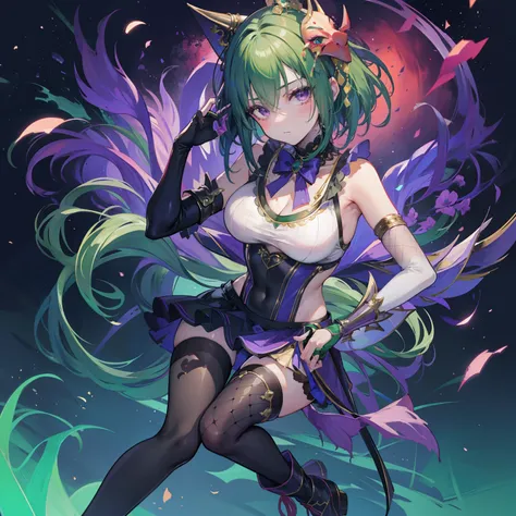 young and cute girl，Green short bob hair，Circus clown style clothes，High slit swimsuit，Wear fishnet pantyhose，Left leg raised，Pointy-toe boots on the feet，A mask that covers the eyes，She wears a purple hood on her head