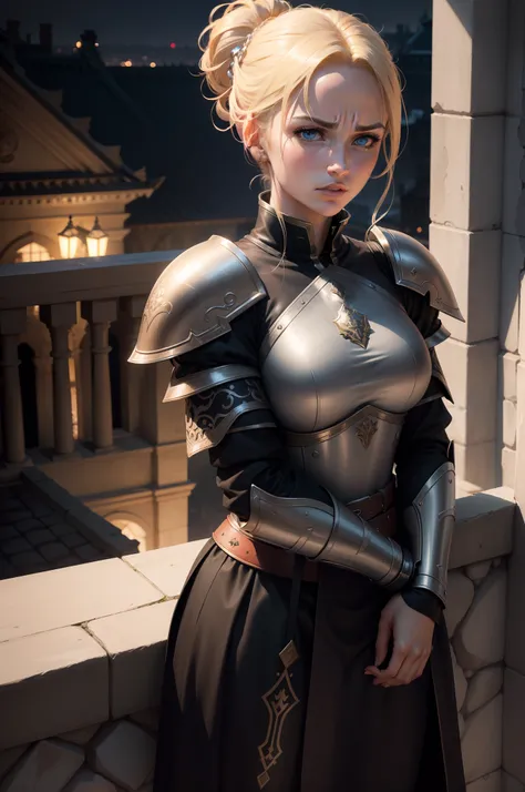 8k realistic image of a beautiful woman, with light eyes, blonde hair tied in a bun, Dressed in black RPG Warrior clothes and shoulder pads, expression of sadness, on an external balcony of a royal palace, Night, anime style art