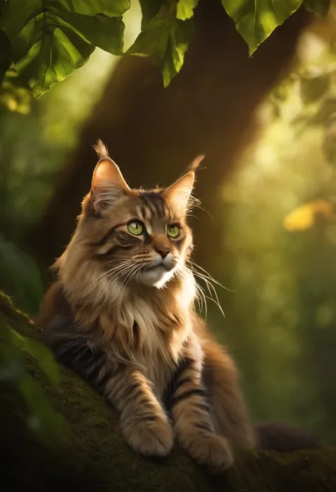 (best quality,high-res,ultra-detailed),Maine Coon cat,in a lush and vibrant forest,with a beam of light filtering through the dense foliage,gothic-inspired banana tree in the foreground,exquisitely detailed and realistic,with intricate and delicate pattern...