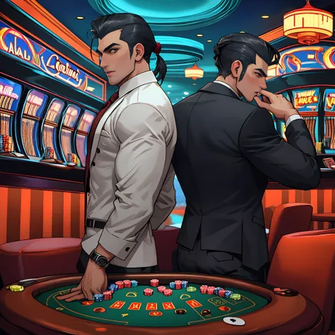 Mafia Noir Casino Gambling Bar Dominant Alpha Gay Macho Sexy Handsome Devil Adult Male Big Big Abs Sleek Back Hairstyle Smoking Illustration