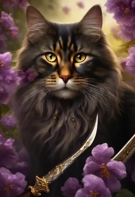 Chat maincoon sombre dans un champs de cerisier en fleurs,  Close-up of a very detailed sword decorated with purple and gold gems.