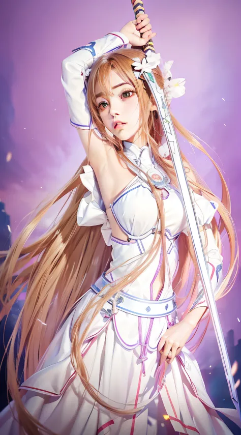 with long hair in takes，Anime girl in white dress, asuna yuuki, asuna from sao, photo of asuna from sao, Anime goddess, holograph, Anime girl with long hair, ilya kuvshinov with long hair, (Anime girl), sao style anime, sword art online, female anime chara...