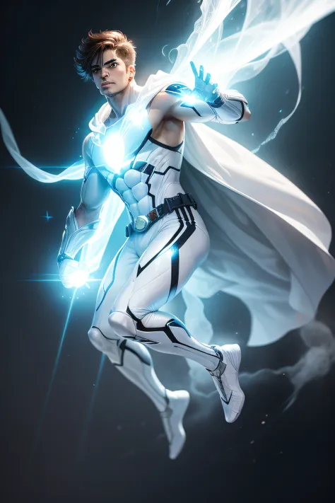 Create a superhero with the hydrogen theme and who has dressed and white light emanating from his hands and feet