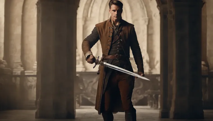 Full body, propaganda poster of a muscular and handsome young man, holding a sword in one hand and a globe in another, in the style of Arno Breker