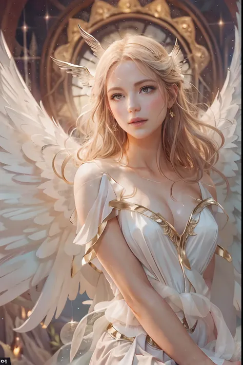 an angel is depicted with a pale and luminous complexion, their skin seemingly glowing with an otherworldly radiance. they are a...