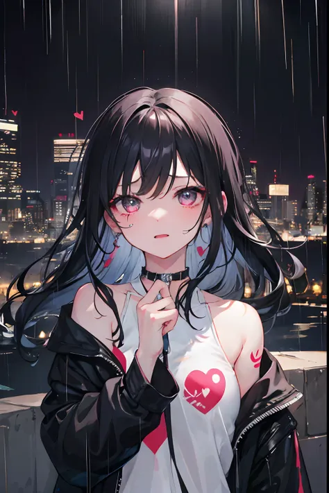 girl, night city, rain, cry, black hair, heart tattoo