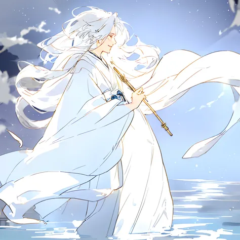 shoun，younge boy，White Hanfu，long  white hair，Long flowing hair，Wide robe with large sleeves，年轻，Young，Ancient wind，Solid color clothes，The clothes do not have any patterns，adolable，laughingly，flood，softlighting，Flat painting style，aquarelle，water ink，Behin...