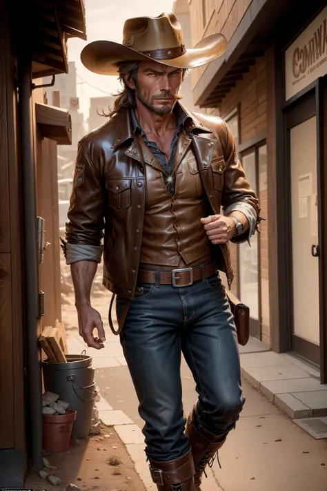 CLINT EASTWOOD man in a cowboy hat and leather jacket standing outside, rugged male ranger, style of a clint eastwood movie, leather clothing and boots, dressed as a western sheriff, post - apocalyptic cowboy, cowboy style, cowboy portrait male, high detai...