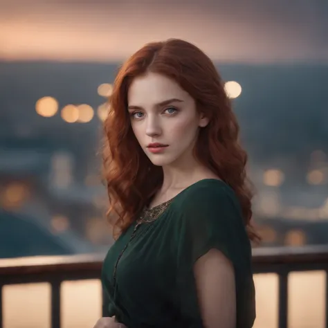 ((Masterpiece), best quality, HDR,UHD,8K), life-like realistic portrait of a beautiful sad girl with green eyes , curly red hair, white skin, feeling sadly with tears in her eyes, a black bracelet on her hand ,full body, standing on roof of a high apartmen...